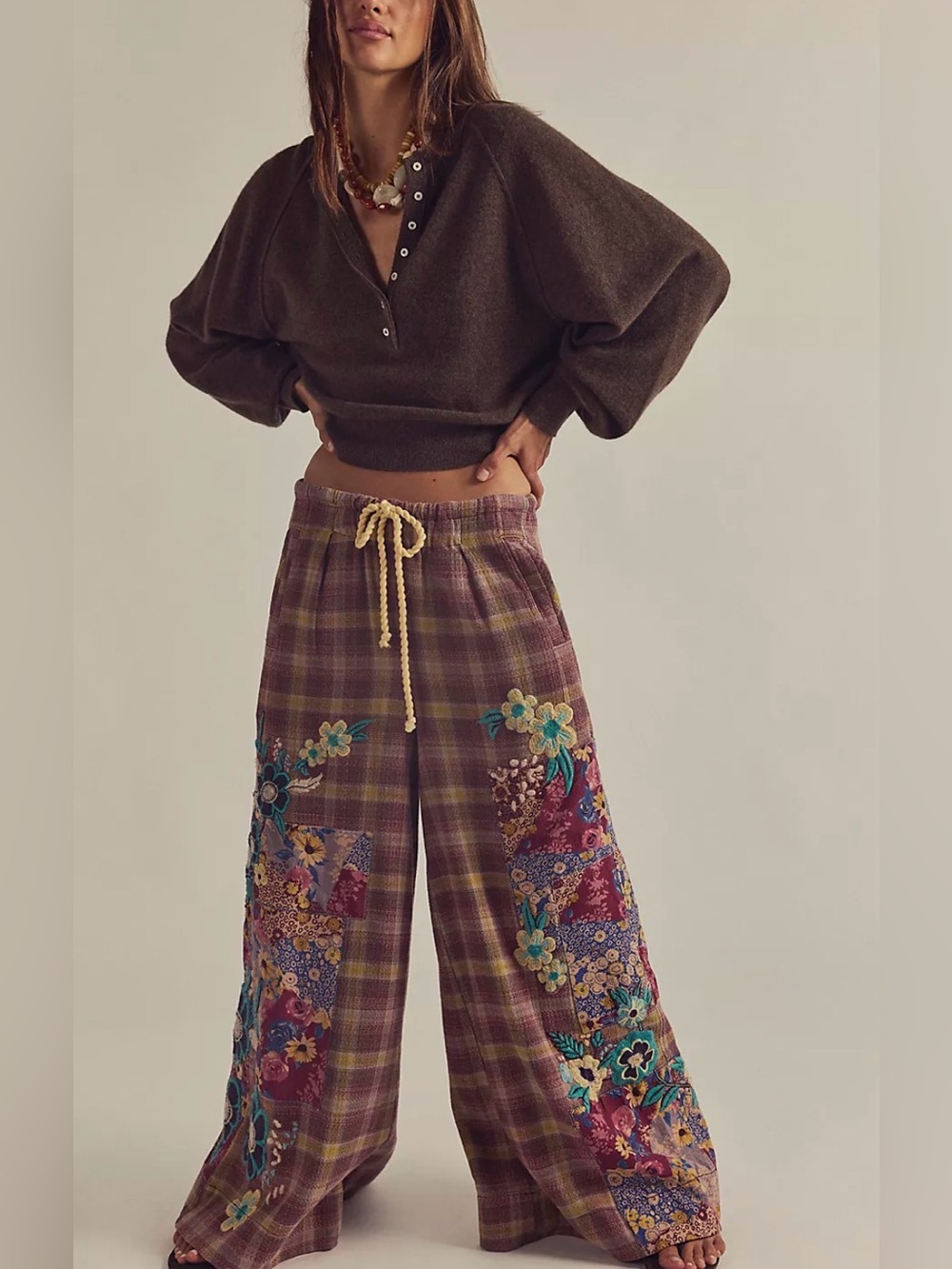 NWT Free People Brooks Embroidered Wide-Leg Patchwork Pants